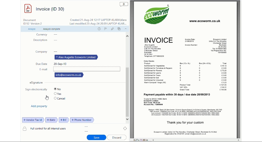 Editing the automatically extracted email address value on a metadata card.