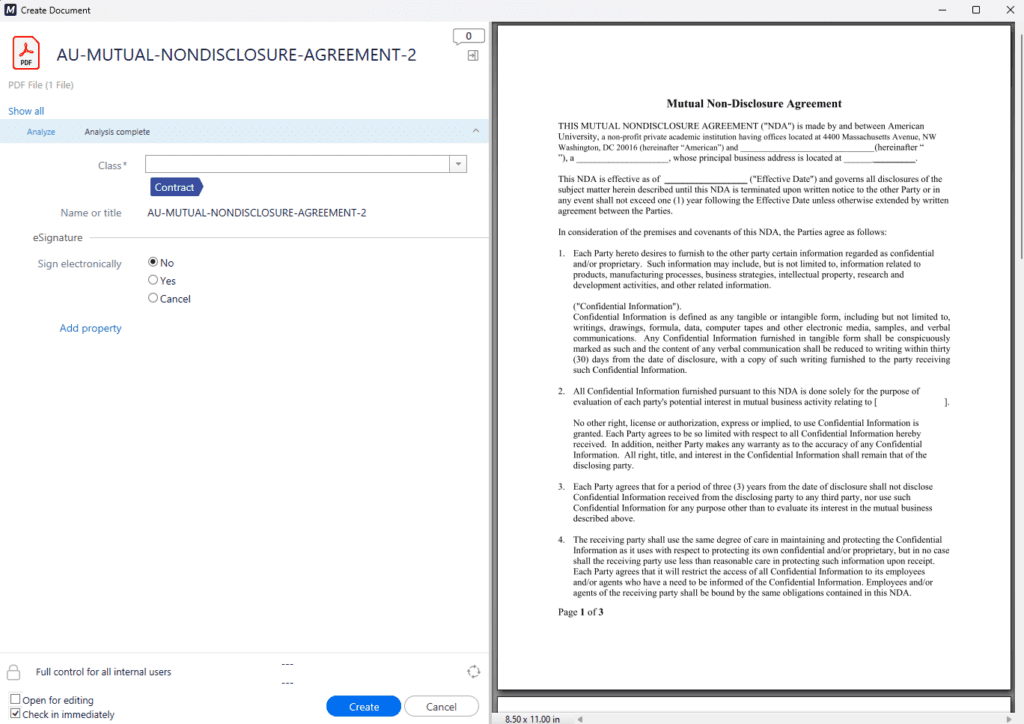 Automatically classified contract in the M-Files interface.